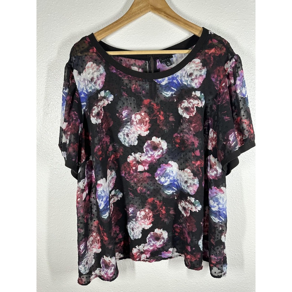 Torrid Shirt Womens 3X Black Floral‎ Sheer Mesh Flocked Dot Top Blouse Plus